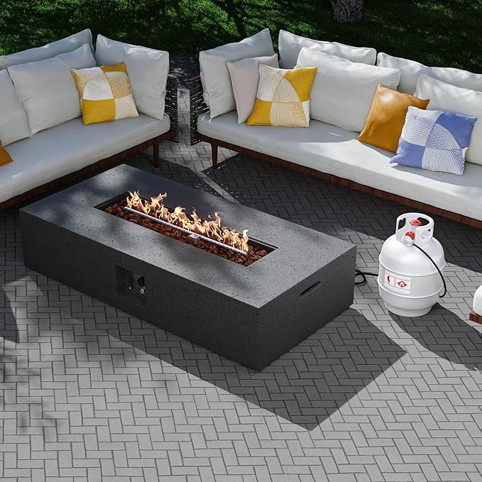 SUNBURY Outdoor Fire Pit, 56" Rectangle Propane Gas Patio Fire Table 50,000 BTU Concrete Travertine Design, CSA Certified, Low Firepit Table with Lava Rocks, Waterproof Cover (Grey)