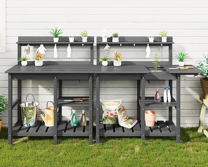SERWALL Potting Bench Outdoor Potting Table with Sink, HDPE Potting Benches for Outside Gardening Table All Weather Use- Gray