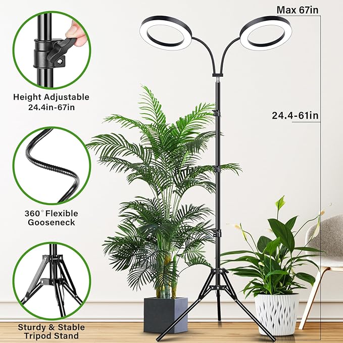 LORDEM Grow Light for Indoor Plants, 7.9" Diameter Dual-Head Plant Light for Plants Growing, Full Spectrum Growth Lamp with Auto Timer 3/6/12H, 4 Dimmable Levels, 3 Lighting Modes, Adjustable Stand