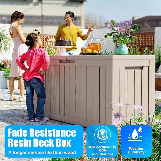 80 Gallon Deck Box,Resin Outdoor Storage Box with Lockable for Patio Furniture, Pool Accessories, Garden Tools Waterproof Outside Storage Box, Grey