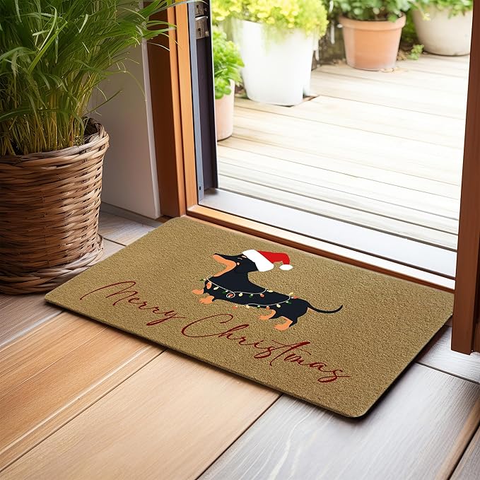 Merry Christmas Dachshund Faux Coir Door Mats Outdoor, Weiner Dog Gifts Door Mat for Home Outside Entryway, Christmas Dog Welcome Doormat for Indoor Outdoor Porch Entrance, 17x30 Inch