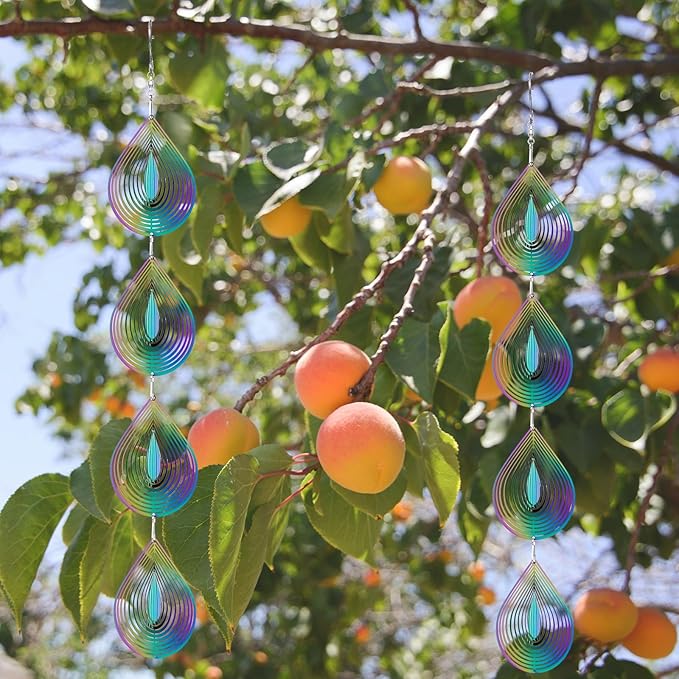 Rainbow Metal Wind Spinners Outdoor Garden Yard Decor, Bird Scare Discs Reflectors to Keep Birds Away, Holographic Reflective Bird Devices Deterrents for Outside Patio Fruit Trees (Water Droplet)