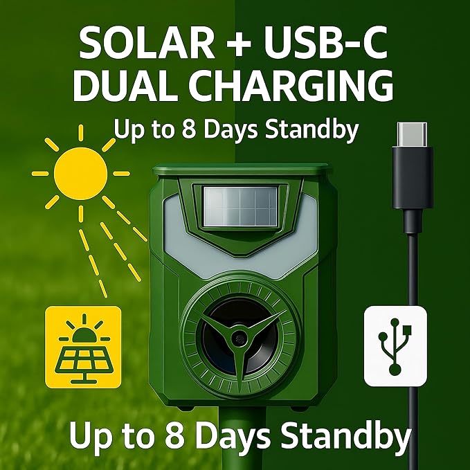 StepsGuard Solar Ultrasonic Animal Repeller – 110° PIR Motion Sensor, 5 Modes, IP44, LED Flash & 90 dB Alarm, Solar + USB-C Recharge | Repels Cats, Dogs, Deer, Squirrels, Raccoons & Birds | 1-Pack