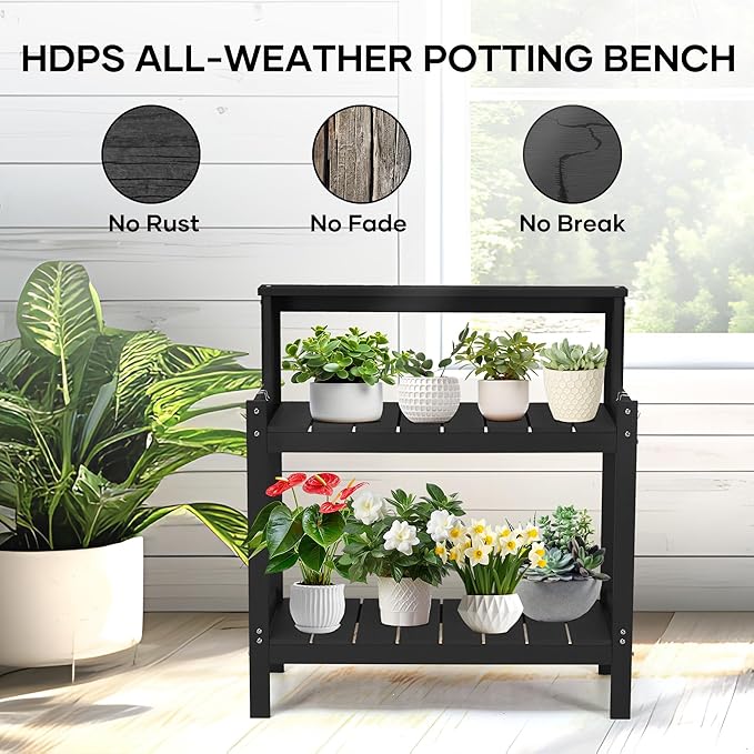 Outdoor Potting Bench HDPS Potting Table with 4 Side Hooks All-Weather Garden Table Work Station 360lbs Capacity Garden Potting Bench for Porch Black