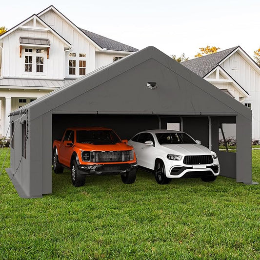 20x20 Carport, Heavy Duty Carport Canopy Garage with Removable Sidewalls and Drive Through Roll Up Zipper Doors, Grey