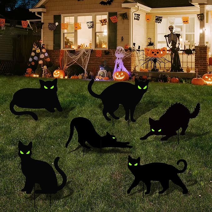 6 Pack Halloween Black Cat Yard Signs with Stakes Black Cat Yard decor Scary Silhouette Halloween Decorations Made of Waterproof Plastic Corrugated Board for Outdoor Lawn Garden