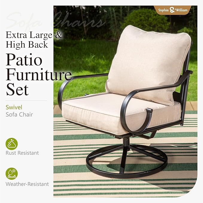 Sophia & William 4 Piece Patio Furniture Set Outdoor Couch Sofa, Patio Conversation Sets 5 Seat Clearance with 3-seat Sofa x 1, Swivel Chair x 2, Metal Coffee Table x 1 for Front Porch Lawn, Beige