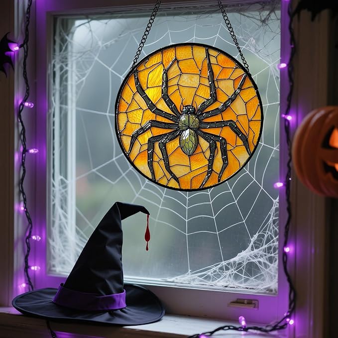 Stained Glass Window Hanging - Halloween Decorations Black Spider Suncatcher for Doors Garden Indoor Spooky Funny Sun Catchers Gothic Decor Horror Gifts for Women Men Friend 7.8 in