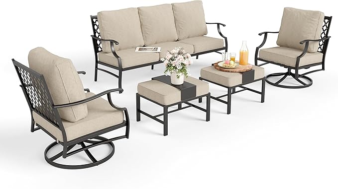 Patio Furniture Set 5 pcs, Outdoor Patio Furniture, 3-Seat Sofa, 2 Swivel Chairs, 2 Ottomans and 5.75" Extra Thick Cushion, Patio Conversation Set for Garden Backyard Deck,Beige