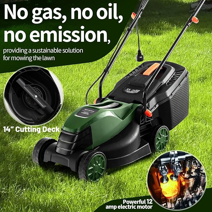 Goplus Lawn Mower, Electric Lawn Mowers with Grass Collection Box, 12 AMP Motor, 14" Cutting Deck, 3 Adjustable Cutting Positions, Walk-Behind Small Corded Lawnmower for Garden Farm Yard