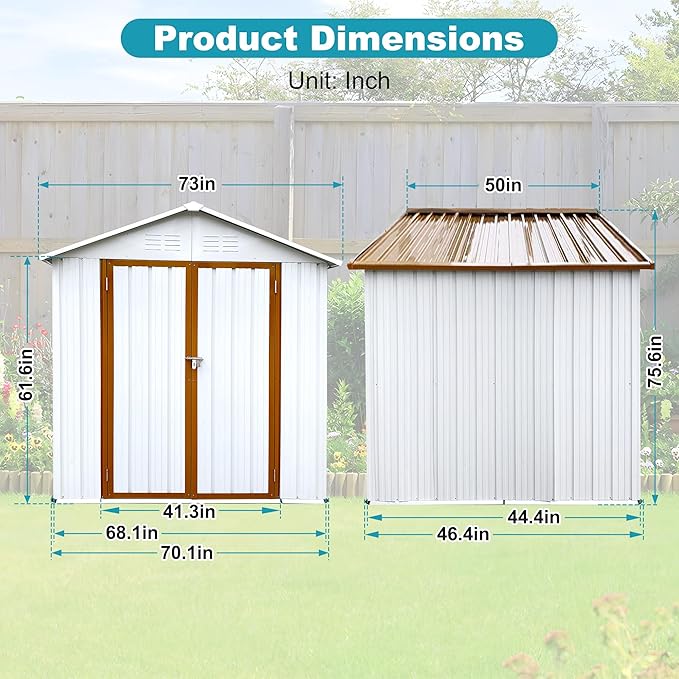 6x4 FT Outdoor Storage Shed, Metal Tool Shed with Lockable Doors, Peaked Roof & Frame Floor, Garden Shed with Vented Design for Backyard Garden Patio Lawn, White+Yellow