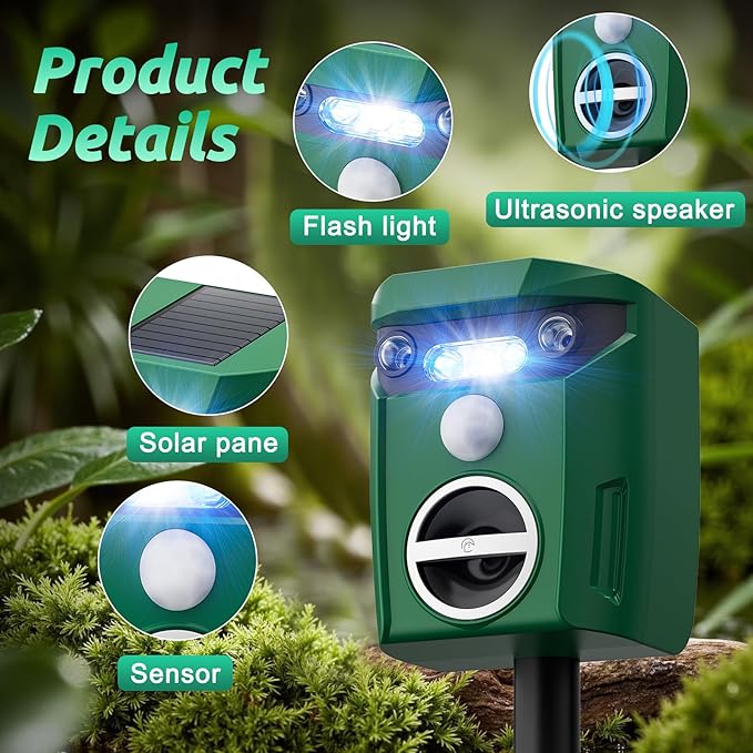 2 Pack Solar-Powered Ultrasonic Animal Repellent Outdoor, Deer Repellent Devices with Motion Sensor, Waterproof Deer, Cat, Raccoon, Coyote, Rabbit Deterrent for Yard, Garden, Farm