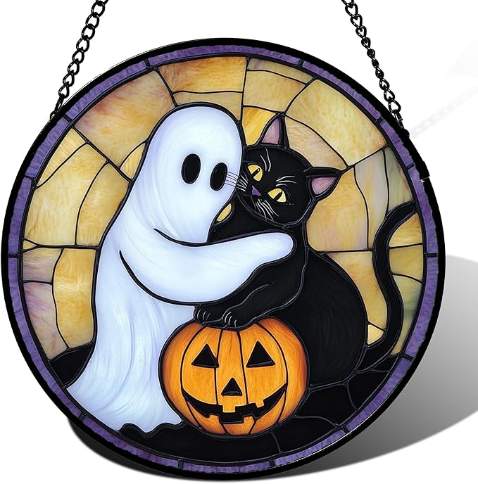 Stained Glass Window Hanging - Halloween Decorations Cute White Ghost Black Cat Suncatcher for Doors Garden Spooky Sun Catchers Gothic Decor Horror Gifts for Women Men Friend Boy 15 in