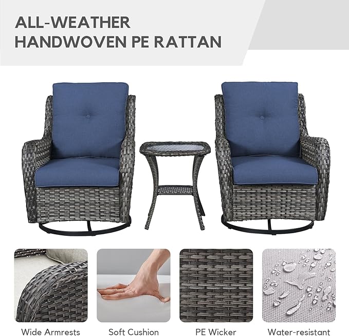 Patio Furniture 4 Piece, All-Weather PE Wicker Outdoor Furniture Set with CSA Certified 30in Propane Fire Pit Table,Outdoor Patio Furniture with Swivel Rocking Chairs