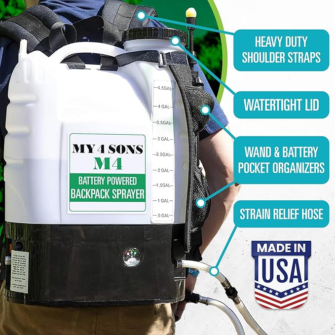 Backpack Sprayer - MY4SONS M4 4-Gallon Battery Powered – Electric Sprayer for Lawn, Garden, Yard, Plants, Watering, Long Range, Portable Pump, Adjustable Nozzle - 15ft Extension Hose & Spray Pistol