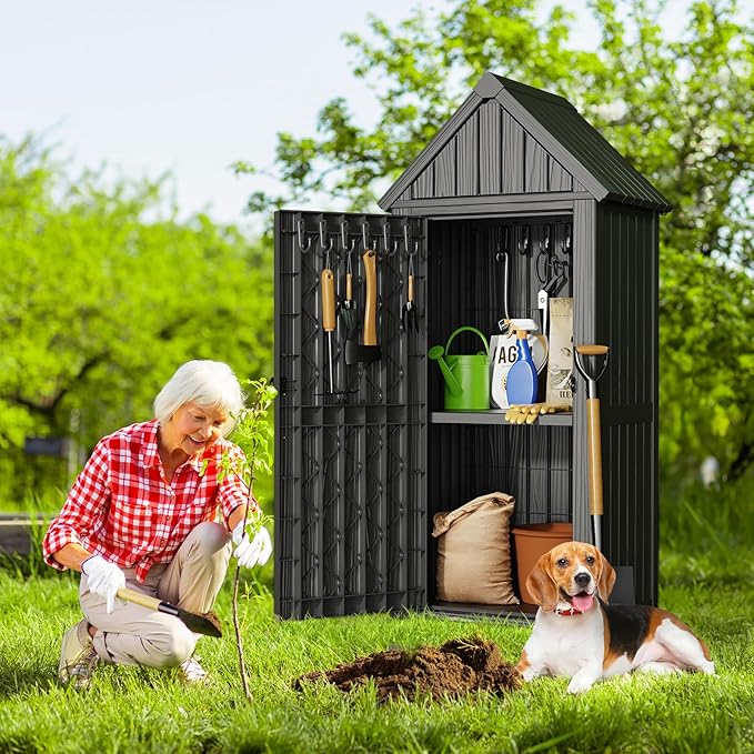 Multifunctional Storage Shed, Outdoor Storage Cabinet with Hooks and Lock Ring, Waterproof Outdoor Storage Shed for All Weather, Tool Outdoor Shed for Patio Lawn and Garden