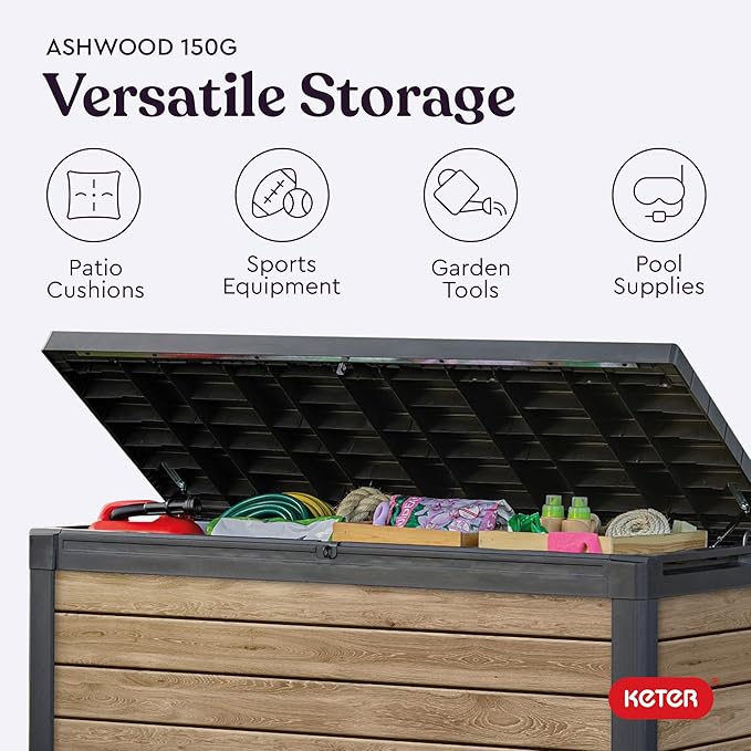 Keter Signature Collection 150 Gallon Resin Deck Box Organization and Storage Box for Patio Outdoor Cushions, Throw Pillows, Garden Tools and Pool Supplies, Ashwood