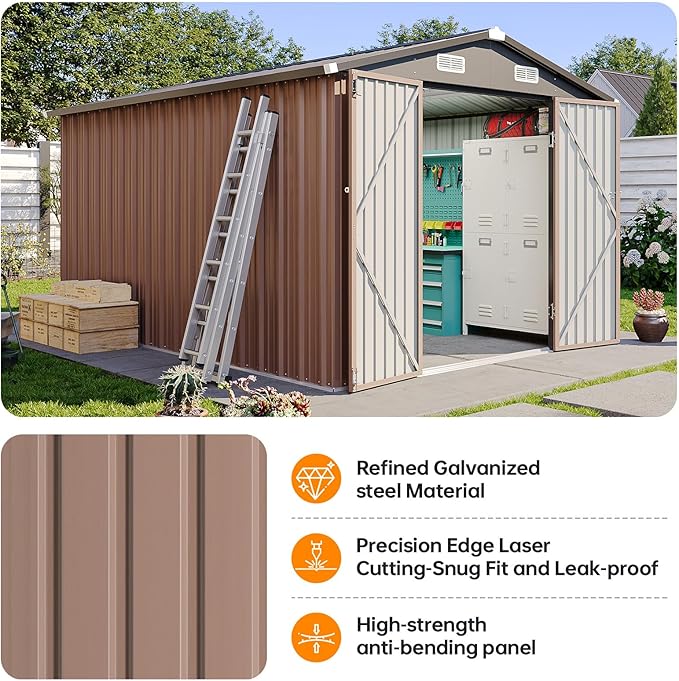8x12 FT Metal Outdoor Storage Shed, Dual Doors with Lockable Bolts, Large Garden Shed for Yard Tools, Bike, Generator, Waterproof Galvanized Steel Panel with Vent & Sloping Roof（Brown）