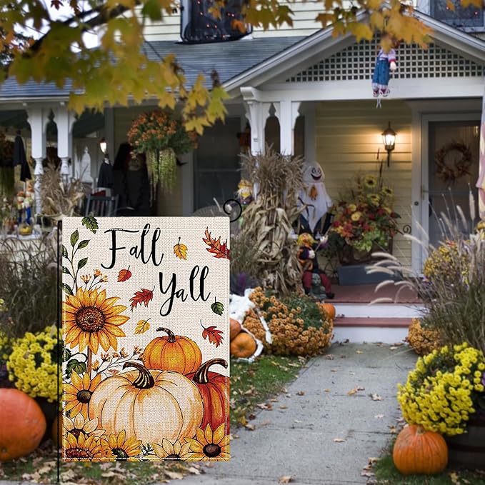 Fall Garden Flag 12 x 18 Inch Double Sided Pumpkin Sunflower Maple Leaves Designs Autumn Burlap Yard Flag for Outside Rustic Yard Outdoor Holiday Home Decoration