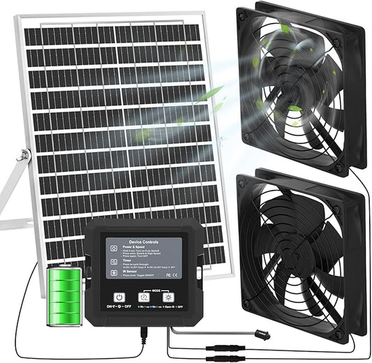 25W Solar Fan for Chicken Coop with Battery, Solar Exhaust Fan for Shed & Greenhouse, 3 Modes Controller (Continuous/Timer/Motion Sensor), Solar Powered Fan for Intake or Exhaust Vent Cooling