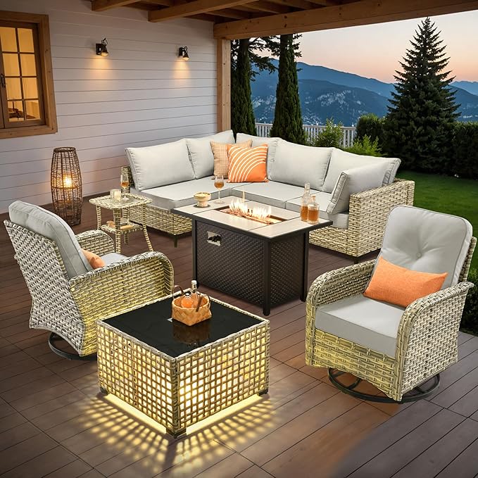 Outdoor Sectional Patio Furniture Set with Swivel Rocking Chairs,9 Pieces Wicker Conversation Sets L Shaped Couch Out Door Sofa Set Outside Furniture for Garden Deck Yard Porch,Grey