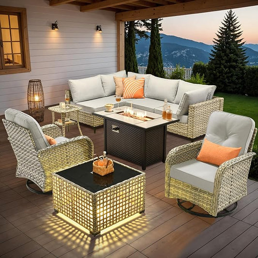 Outdoor Sectional Patio Furniture Set with Swivel Rocking Chairs,9 Pieces Wicker Conversation Sets L Shaped Couch Out Door Sofa Set Outside Furniture for Garden Deck Yard Porch,Grey