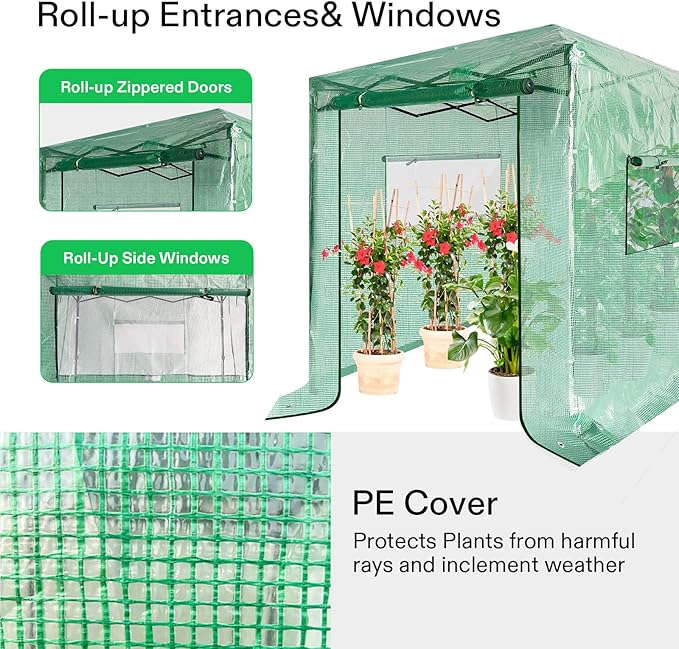 VIVOSUN 8'x6' Portable Walk-in Greenhouse with PE Cover, Instant Pop-up and Walk-in Folding, Roll-Up Zipper Entry Doors and 2-Side Viewing Windows, Easy Setup for Plants Outdoor