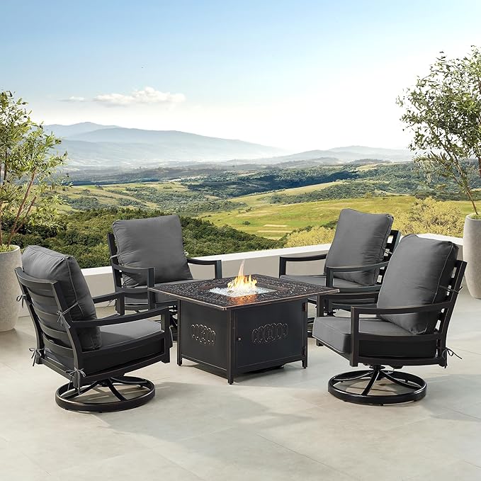 Oakland Living Black Aluminum Patio Fire Table Set with Four Club Chairs with Black Cushions