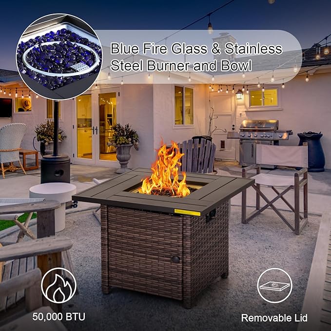 Sophia & William 32 Inch Gas Fire Pit Table Outdoor Rattan Propane Fire Table & Fireplace with Fire Glass, Lid, 50,000 BTU Firepits for Outside Patio