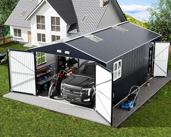 Metal Garage Shed 13x20x8.5' with Floor Kit, Large Outdoor Storage Building Ultra-Reinforced Truss System, with Skylights Dual-Entry Steel Carport Workshop for Car Boat Big Tool Organization