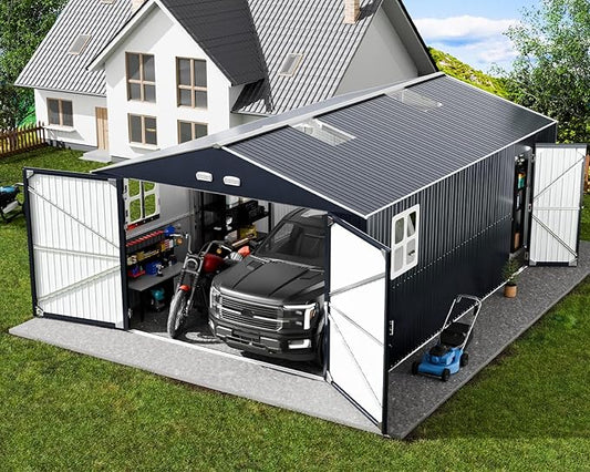 Metal Garage Shed 13x20x8.5' with Floor Kit, Large Outdoor Storage Building Ultra-Reinforced Truss System, with Skylights Dual-Entry Steel Carport Workshop for Car Boat Big Tool Organization