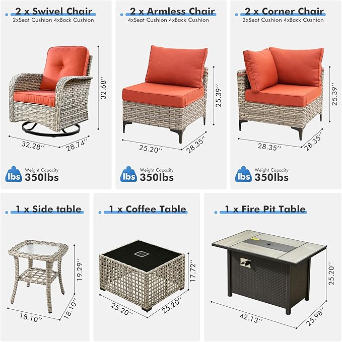 Outdoor Sectional Patio Furniture Set with Swivel Rocking Chairs,9 Pieces Wicker Conversation Sets L Shaped Couch Out Door Sofa Set Outside Furniture for Garden Deck Yard Porch,Red