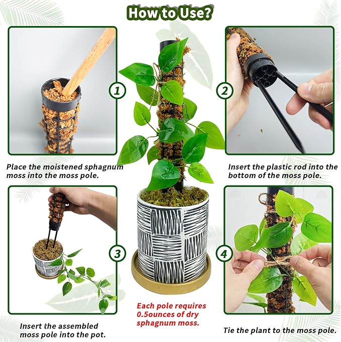 Moss Pole,Small Moss Pole Monstera Plant Support,Plastic Moss Pole for Plants Indoor and Climbing Plants-Mighty Plant Support. (Black,4)
