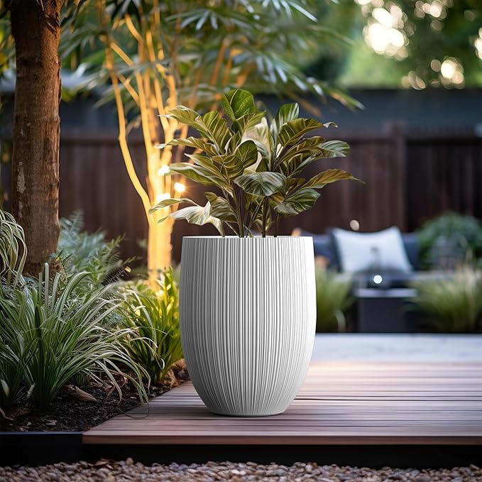 Kante Round Fluted Concrete Planter, 16.9-Inch Dia Barrel-Style Pot with Drainage Hole, White Finish with Aqua Blue Interior, 13.7" Opening, for Indoor and Outdoor Use