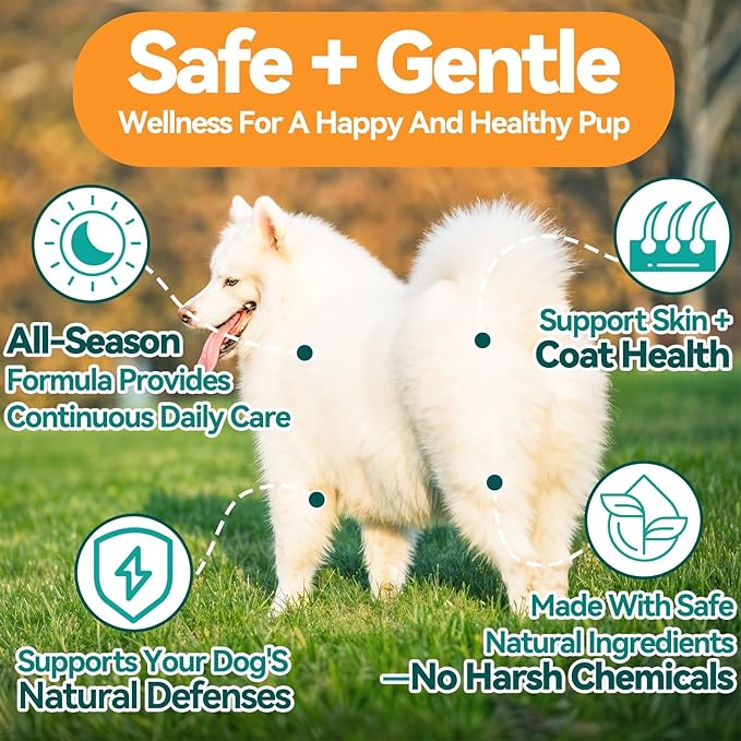 Flea & Tick Support for Dogs, Natural Flea and Ticks Comfort for Dog with Fish Oil, Flea & Tick Liquid Herbal Drop for Dogs - All Breeds & Ages - Chicken