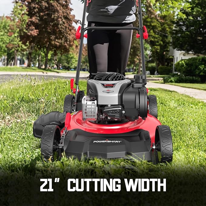 PowerSmart 21 in. Gas Lawn Mower with 140cc Briggs and Stratton E550 Engine, Push Mower with Mulch, Side-Discharg, Bagger, 6-Positions Adjustable Cutting Height