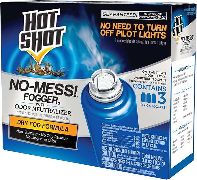 Hot Shot No-Mess! Fogger With Odor Neutralizer 3 Count-1.2 Ounce Cans, Kills Hidden Bugs, No Need To Turn Off Pilot Lights