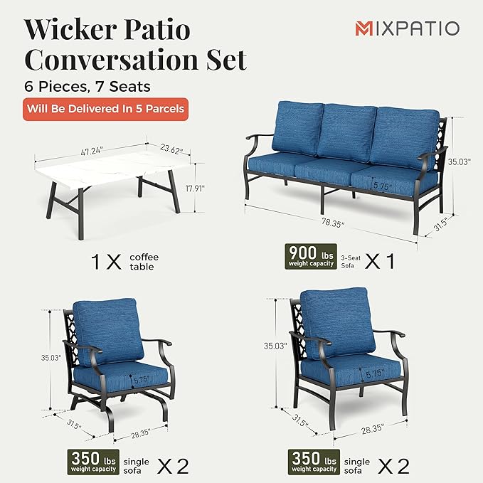 Patio Furniture Set 6 pcs, Outdoor Patio Furniture, 1 X 3-Seat Sofa, 2 X Single Chairs, 2 X Rocker Chairs, 1 X Coffee Table and 5.75" Extra Thick Cushion, Conversation Set,Gemstone Blue