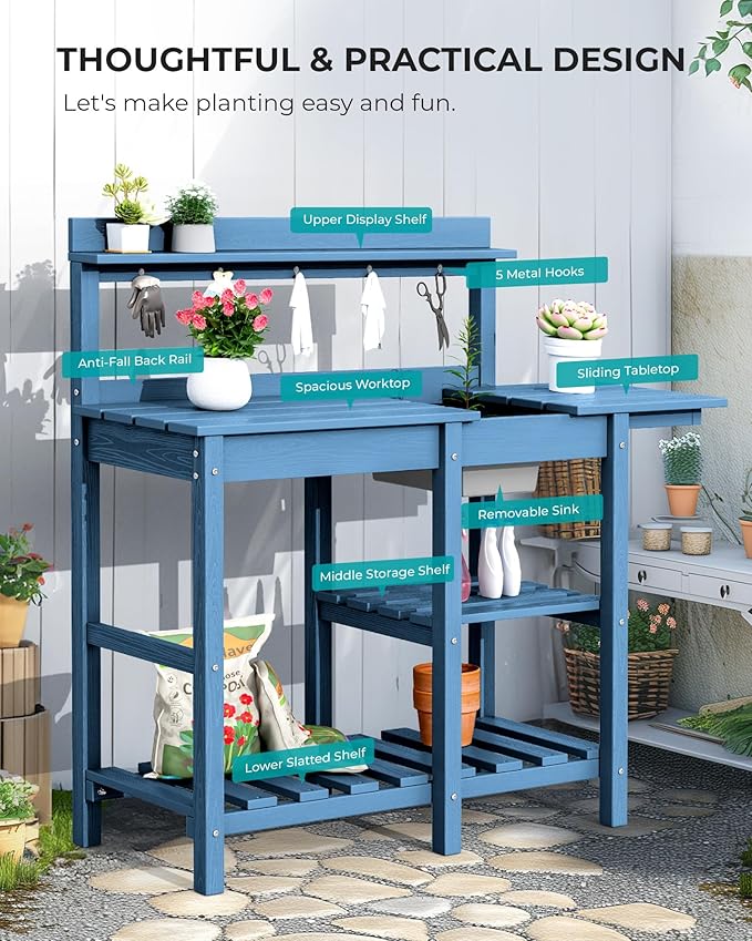 SERWALL Potting Table Outdoor Potting Bench with Sink, HDPE Potting Benches for Outside All Weather Use- Blue