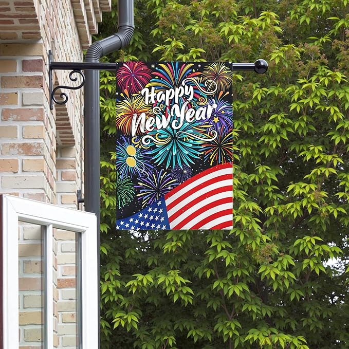 Happy New Year Garden Flag New Year Eve House Banner Double Sided American Flag Fireworks Wall Banners Balloon Holiday Celebration Party Yard Flags for Winter Festival Greetting 28 x 40 Inch