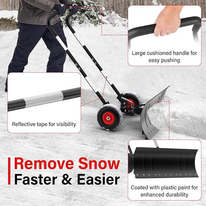 Snow Shovel Pusher for Driveway,Heavy Duty Steel Snow Shovel with Wheels,29 in Angled Blade Efficient Snow Removal,3 Level Adjustable Height Handle,Snow Plow with Safety Reflective Tape