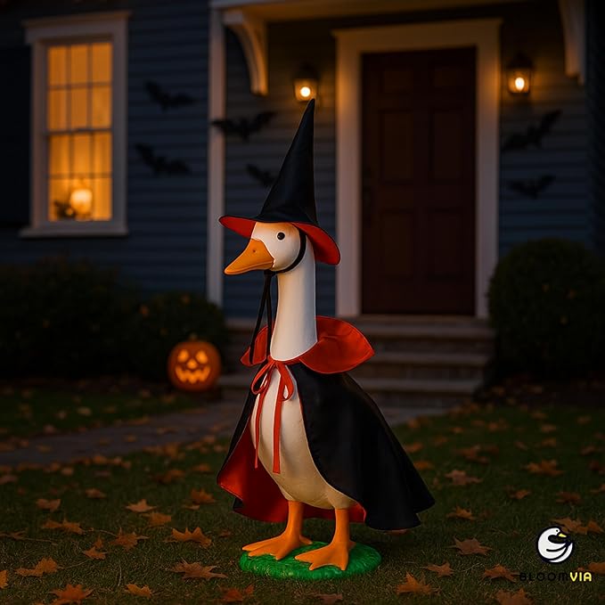Lawn Goose Outfit – Glossy Cape & Adjustable Hat for 23″ Goose Statue – Halloween & Vampire & USA Flag Costume