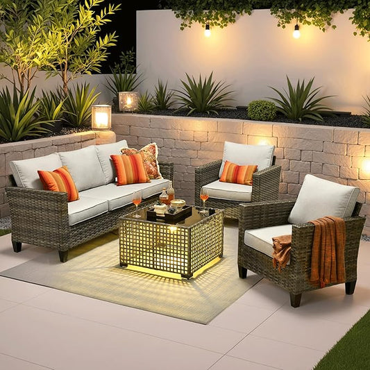 ovios 4 Pieces Patio Furniture Set Outdoor Sofa Couch with Solar Lights Table Comfy Cushions, Modern Deep Seat Wicker Rattan Conversation Set for Porch Deck, Grey