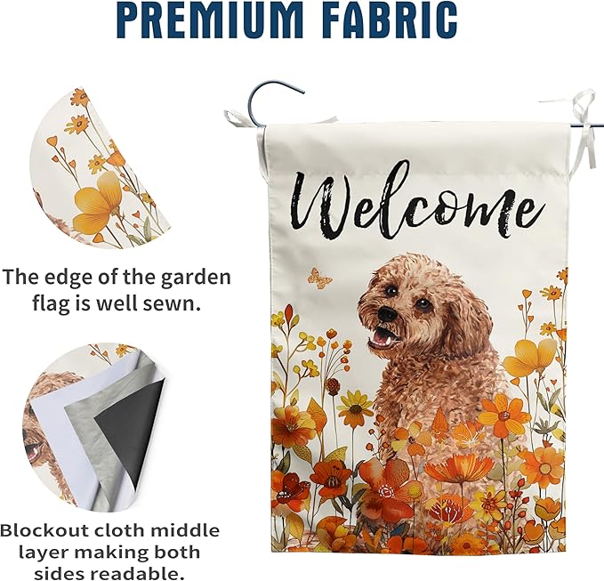 Floral Golden Doodle Garden Flag Fall Yard Flag Wildflower Dog Garden Flags Orange Autumn Lawn Flags Welcome Thanksgiving Outdoor Flags for Outside 12x18 Double Sided Small