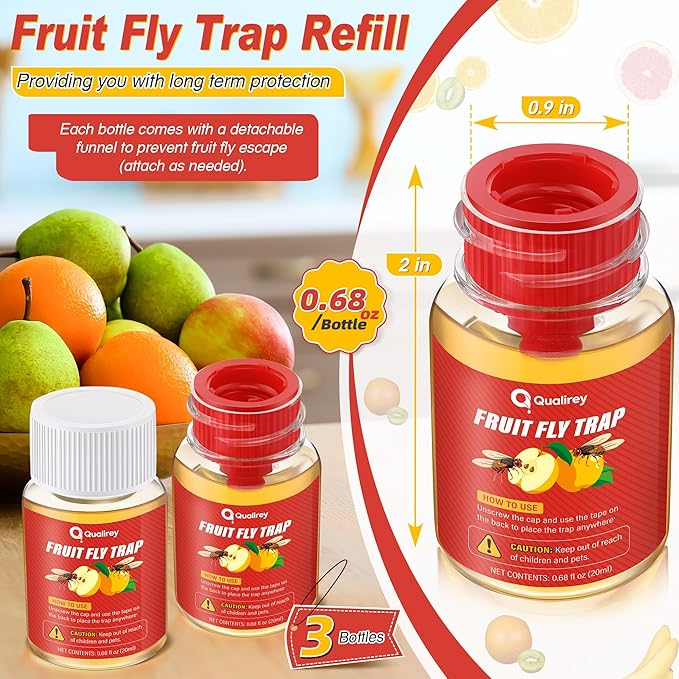 Qualirey 3 Pack Fruit Fly Traps for Indoors, Fruit Fly Killer and Catcher, Trap Refill Liquid for Home & Kitchen, Non Toxic Safe Near Food, Effective Lure Refill for Indoor Use