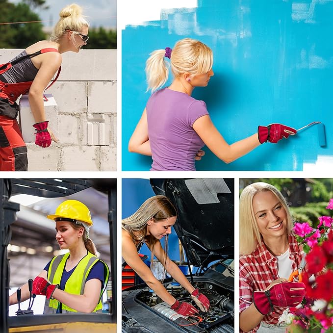 Leather Work Gloves for Women. X-Large Glove for Gardening, Tig/Mig Welding, Construction, Chainsaw, Farm, Ranch, etc. Cowhide, Cotton Lined, Utility, Firm Grip, Durable. Rose Red - Grey XL