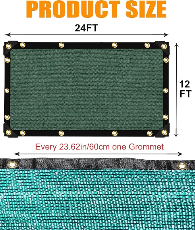 e.share 40% Shade Cloth for Garden, 12 Ft X 24 Ft Sun Shades Outdoor Patio with Grommets for Plant Covers,Porch Screen,Pergola Shade Cover,Greenhouse,Green