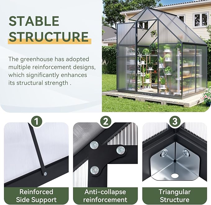 AOXUN 4x6 FT Outdoor Greenhouse, Polycarbonate Greenhouse with Aluminum Frame, Walk-in Green House with Roof Vent, Ground Nails, Lockable Door for Garden Backyard, Patio, Lawn,Quick-Installation