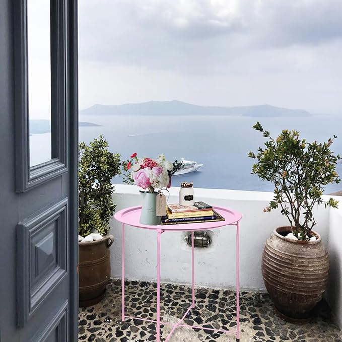 Garden 4 you End Table Set of 2, Outdoor Side Table, Small Patio Table Metal Side Table, Round Folding Side Table, for Outdoor and Living Room,Pink