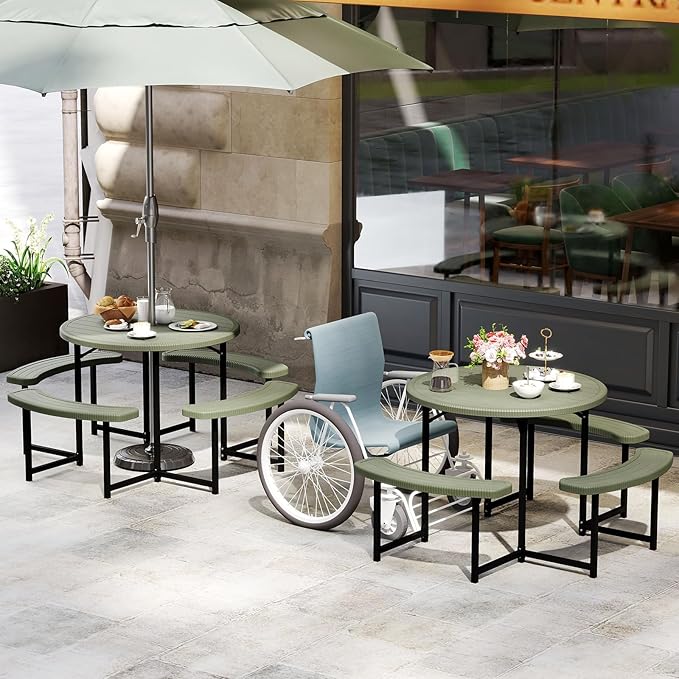 Tangkula 8 Person Picnic Table, HDPE Outdoor Round Table and Bench Set with 4 Built-in Benches, Umbrella Hole, Metal Frame for Garden Yard Patio Lawn